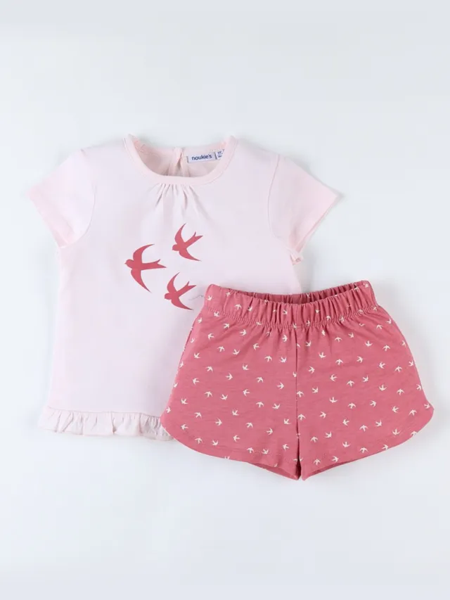 Noukie's Pyjama - Zomer- Meisje - vogels roze - 4j