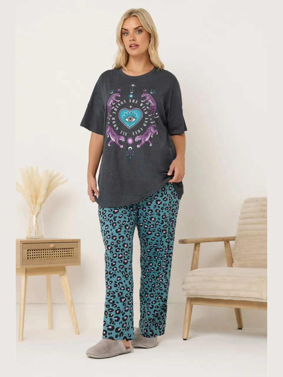 Yours Charcoal Grey Wild And Free Leopard Wide Leg Pyjama Set-56, foto 2