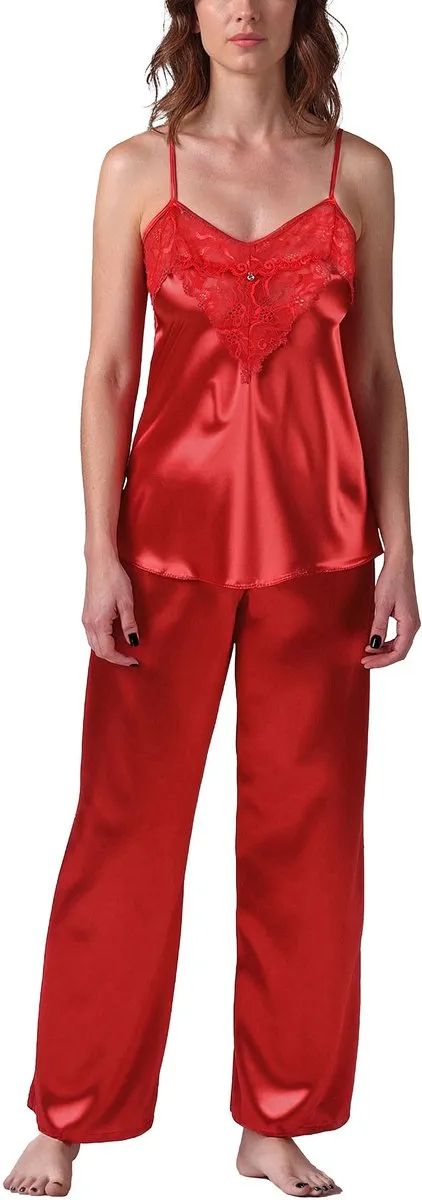 Vivisence Pyjama Set Satijn Verstelbare Bandjes Comfortabel Ideaal Voor Nachtkleding 2035, Rood,XXL