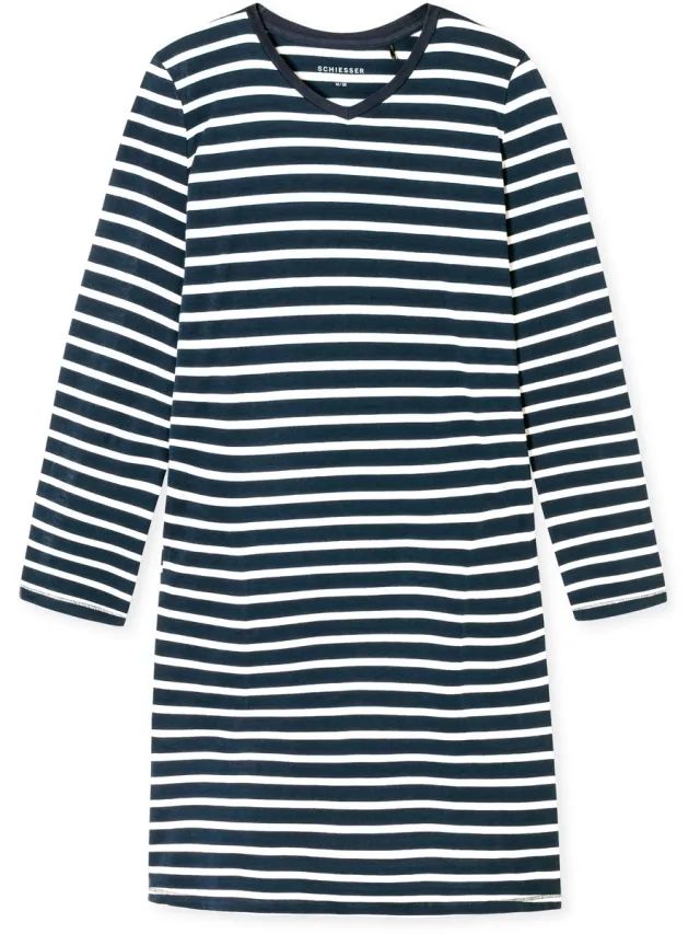 Schiesser dames Cotton Essentials Nachthemd lang - dames nachthemd - nachtblauw gestreept