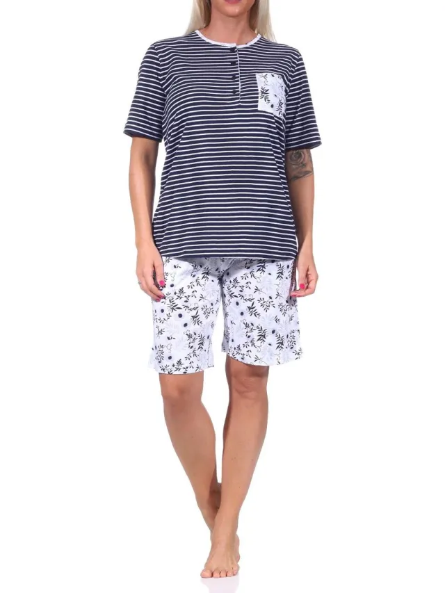 Normann Dames pyjama shorty met korte mouwen, gestreepte top, korte broek met bloemenpatroon marine