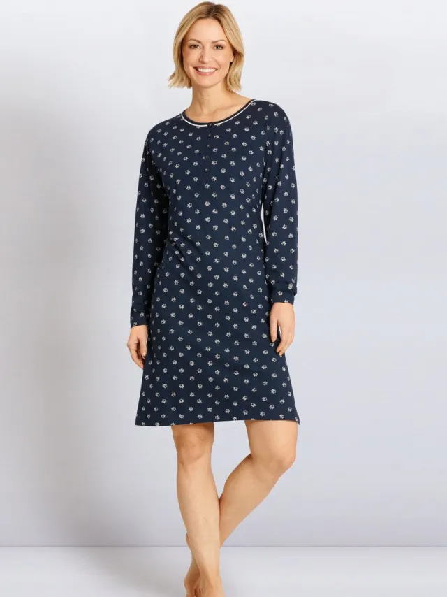 Hajo nachthemd blauw met all-over print - Blauw - Maat - 44/46