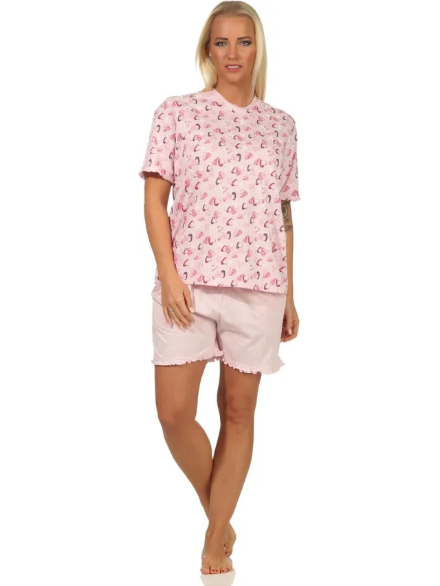 Normann Dames Shorty pyjama's korte mouw in hartje allover look in melange-look - ook in oversized