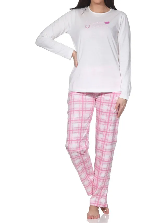 Normann damespyjama met geruite jersey pyjamabroek - ook in grote maten creme
