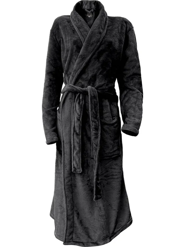 LINNICK Flanel Fleece Uni Badjas - Black - M - Badjas Dames - Badjas Heren Zwart