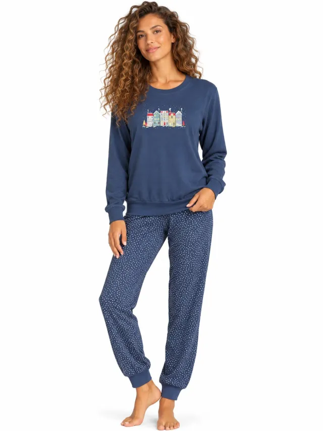 Comtessa Dames pyjama katoen - Donkerblauw - Huisjes