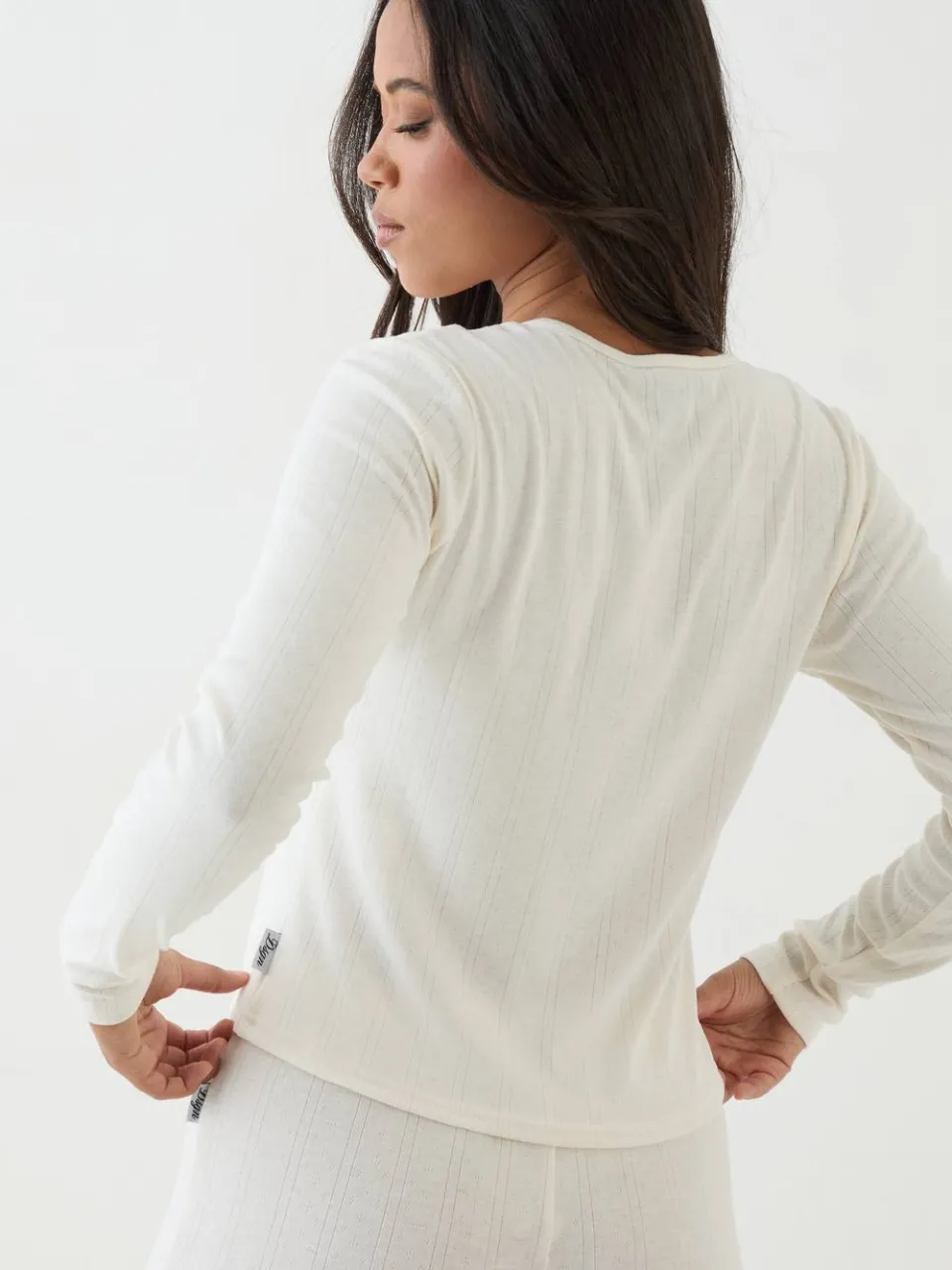 Dames Dsgn Studio Pointelle Top Met Knoopsluiting En Lange Mouwen crème, foto 4
