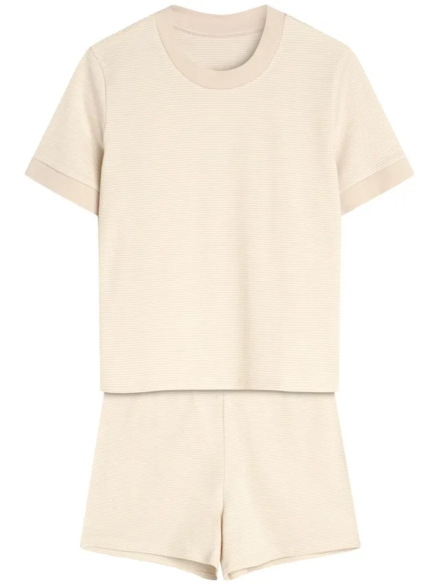 ESOTIQ Reese - Damespyjamaset - Zandbeige en wit - Korte mouwen - Korte broek Wit;Zandbeige