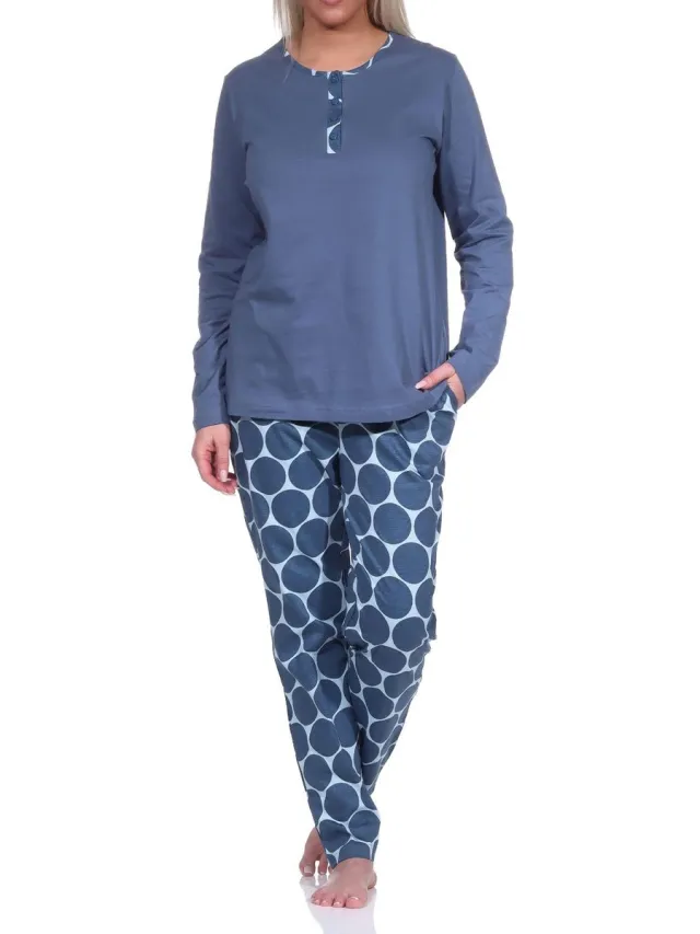 Normann Elegante dames pyjama lange mouw met pyjamabroek in stippen / dots look marine