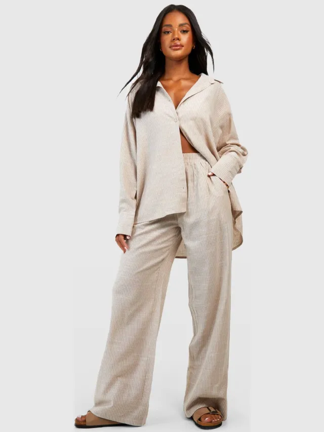 boohoo Dames Katoenen tonale streepjes pyjama broek Steen