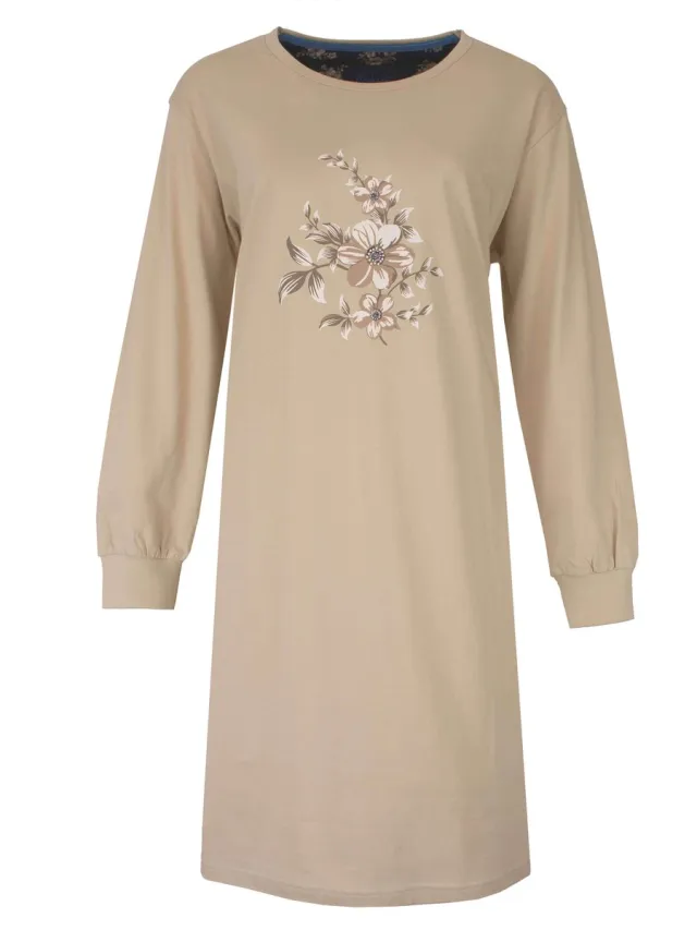 Medaillon Dames Nachthemd - Lange Mouwen - Katoen - Beige