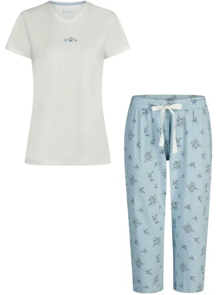 By Louise Dames capri pyjama driekwart broek v-hals wit/blauw gebloemd Veelkleurig