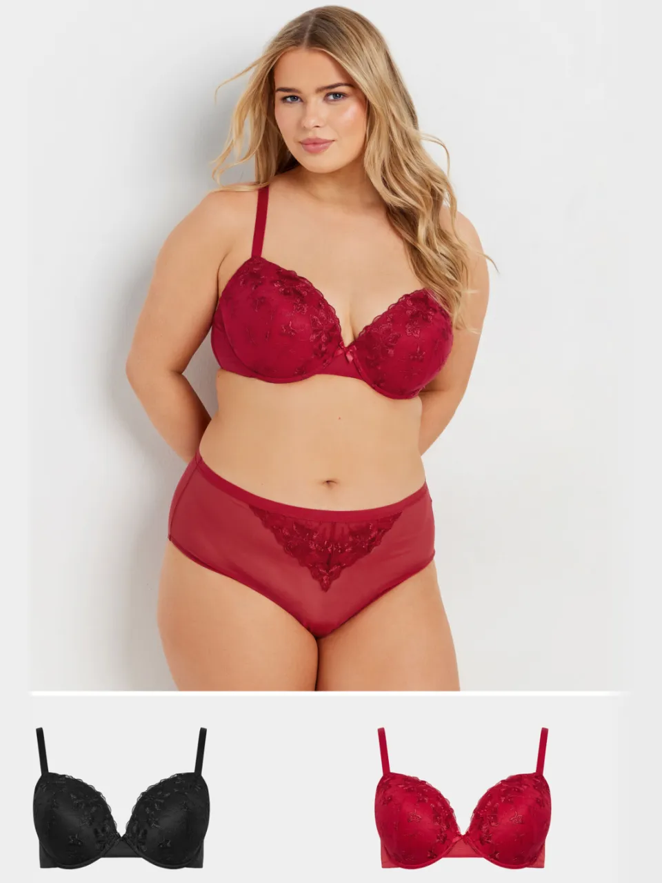 Yours 2 Pack Voorgevormde Bh's Met Bloemborduursel In Zwart/Rood Red