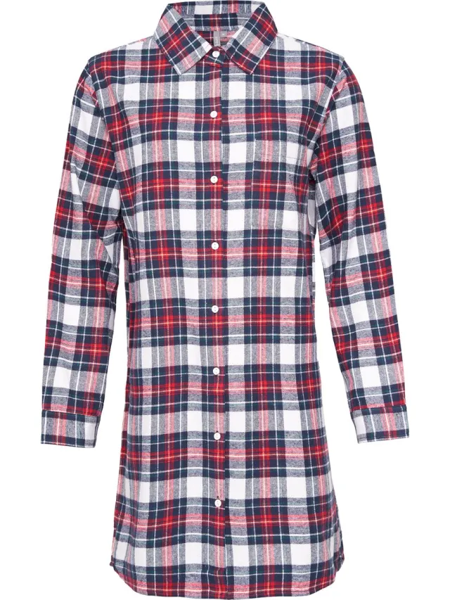 By Louise Dames Pyjama Nachthemd Lang Flanel Geruit Rood/Blauw