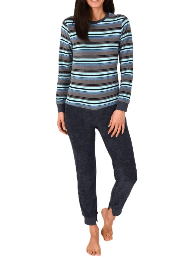 Normann Dames Badstof Verpleegkundige Overall Lange Mouwen Pyjama met Rits op Rug en Been blau
