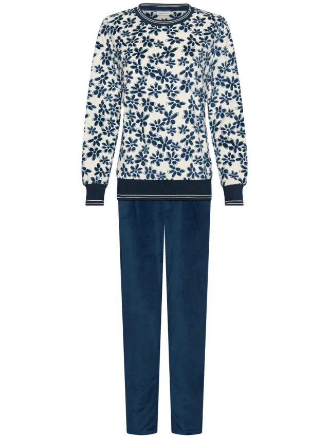 Pastunette Nordic Bloom - Pyjama - Velours Fleece - Wit/Blauw - Gebloemd