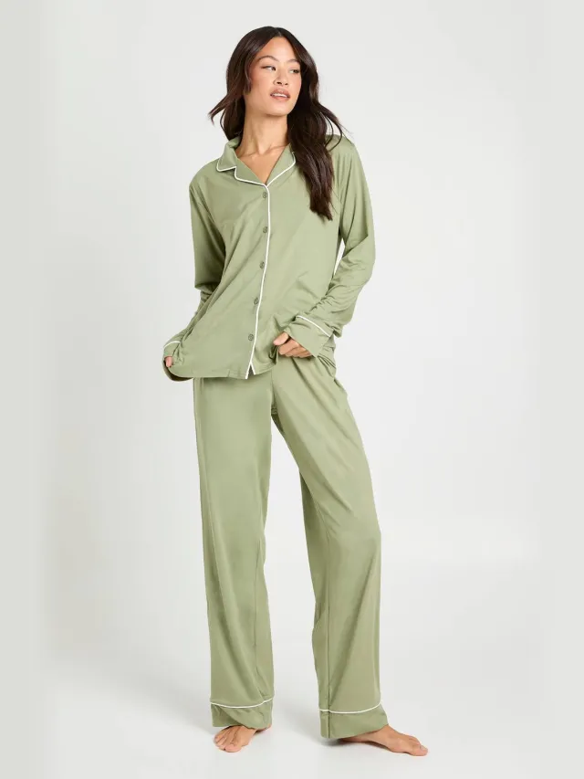 boohoo Dames Lang jersey met pijpdetail overhemd met lange mouwen & broek pyjamaset Verstandig