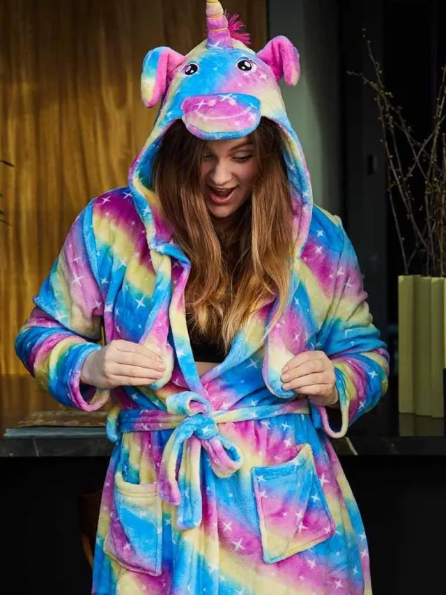 Badrock Unicorn damesbadjas – Dames badjas regenboog kleuren – Fleece badjas met oortjes – Fleece damesbadjas vrolijke kleuren – Damesbadjas capuchon – multi