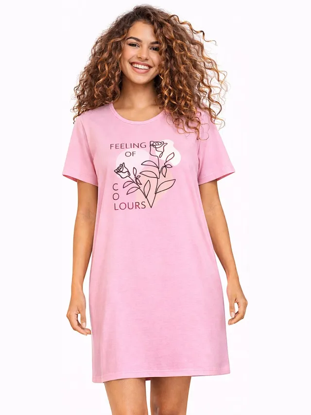 Comtessa Dames Nachthemd Korte Mouw - Katoen - Pink Flowers