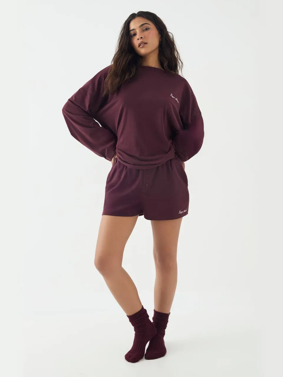 Dames DSGN Studio Lounge Lange Mouw Oversized Superzacht T-Shirt bordeaux rood, foto 2