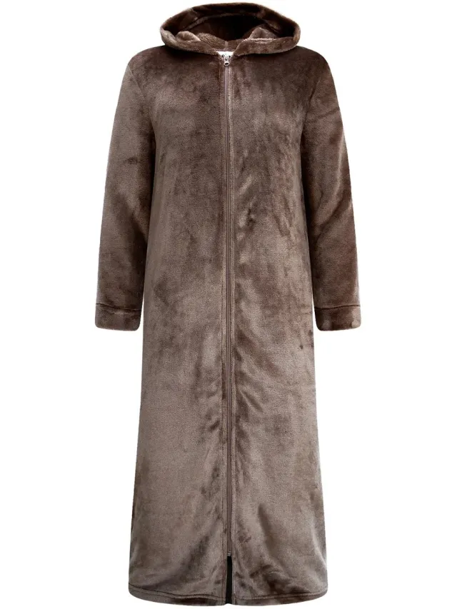 GAUBERT Gaubert Dames Extra Lange Fleece Badjas Met Rits En Capuchon – Koffiebruin