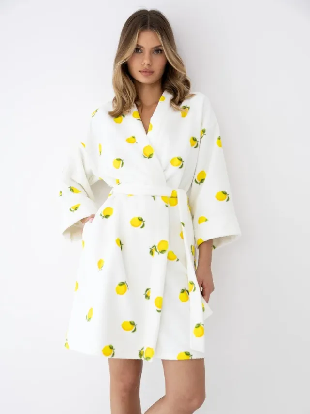 S& Sensis Sensis Badjas Dames Badstof Citroenenprint Kimono Strikceintuur Wit LEMONS