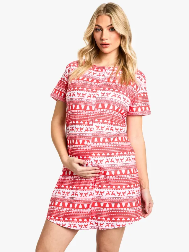 boohoo Dames Zwangerschaps Kerst Fairisle-print 2-pack Peached Button Down Nachtjurk Multicolor