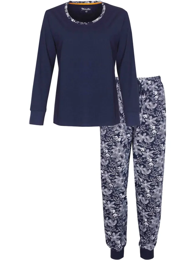 Medaillon Dames Pyjama - Bladermotief - Donker Blauw