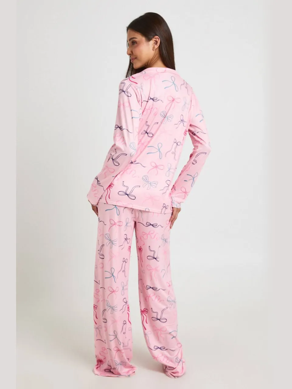 boohoo Dames Pyjama Set Met Strikjesprint En Lange Mouwen & Broek baby roze, foto 2