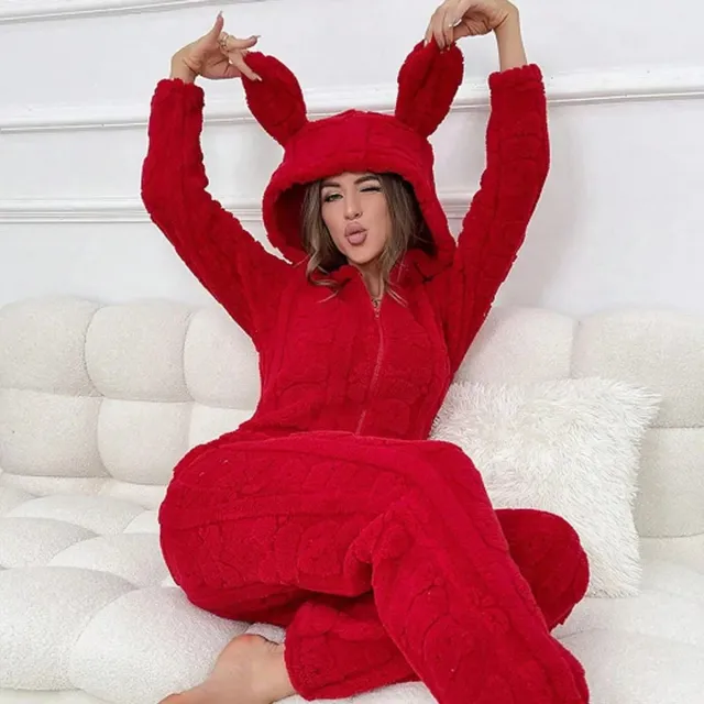 rimmo Dames Fleece Onesie Pyjama Maat L – Warme Koraal Fluwelen Flanel Huispak met Capuchon | Comfortabele Alles-in-één Winter Pyjama, Nachtkleding & Loungepak rood