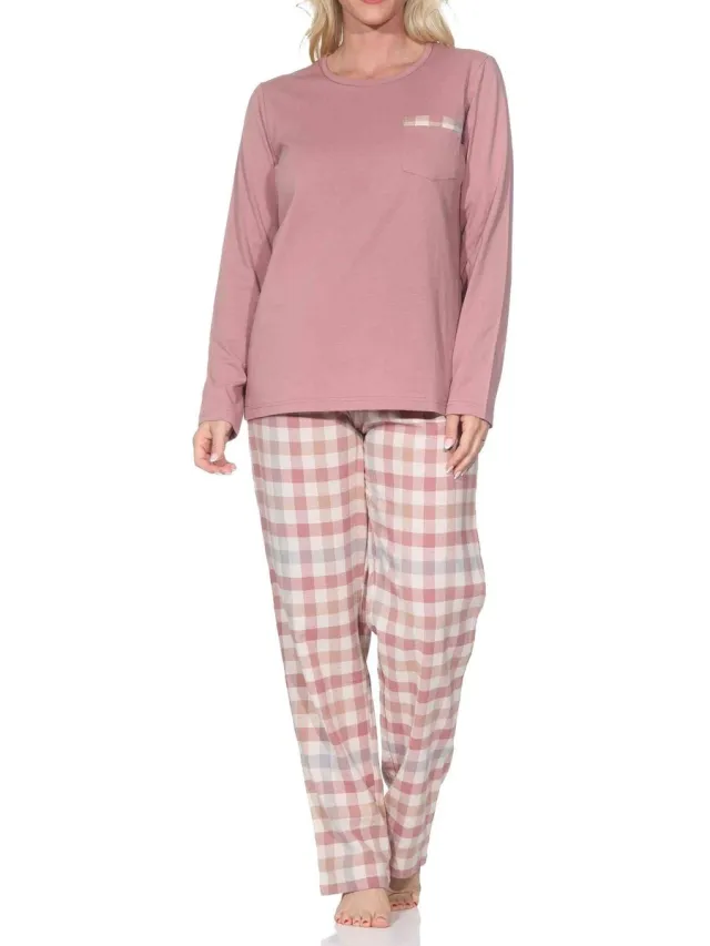 Normann lange damespyjama met geruite flanellen pyjama altrose