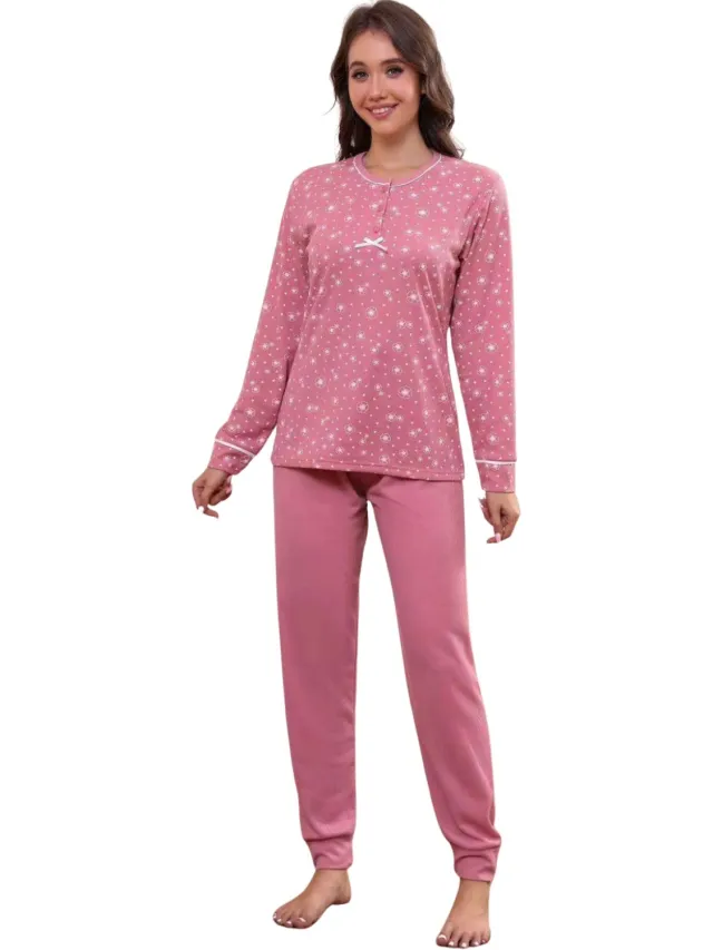 Luna Dames pyjamaset – XL - Superzachte pyjamaset - Gewatteerd - Met 3 knopen, strikje, bloemetjes- en hartjesprint – effen broek -Roos, lichtgrijs of mintgroen Multi