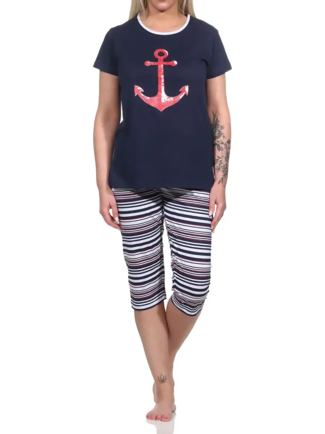 Normann Damespyjama Capri korte mouwen met ankermotief en strepen - 122 204 10 755 navy
