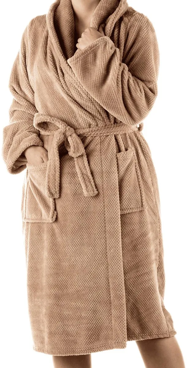 Textino CHRIS - badjas 116 cm - volwassenen - fleece met structuur - Fungi - bruin Lichtbruin