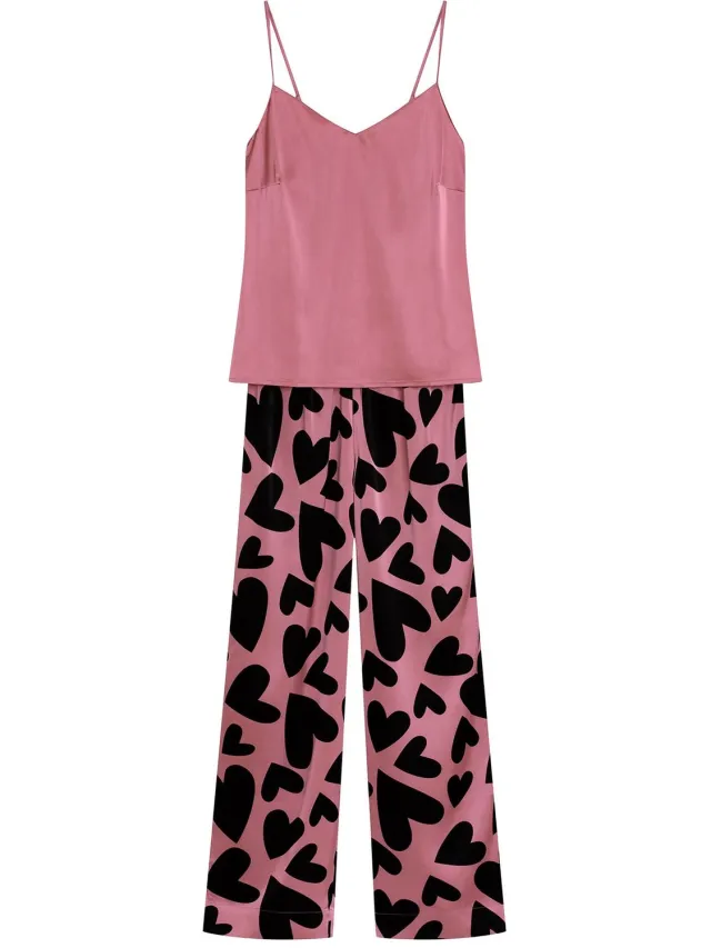 ESOTIQ Jenya - Damespyjamaset - Satijnen top - Lange broek - Verstelbare bandjes Paars;Roze;Zwart