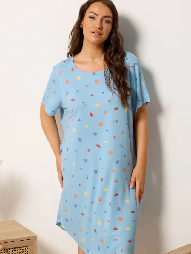 Yours Blauwe Nachthemd Van Zachte Stof Met Fruitprint-44 Blue