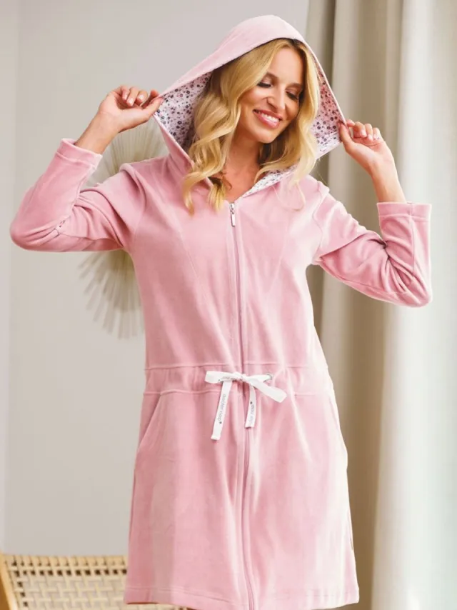 Doctor Nap Velours Badjas Dames Met Capuchon Rits en Zakken SWO.1008 Papaya 40 / Roze