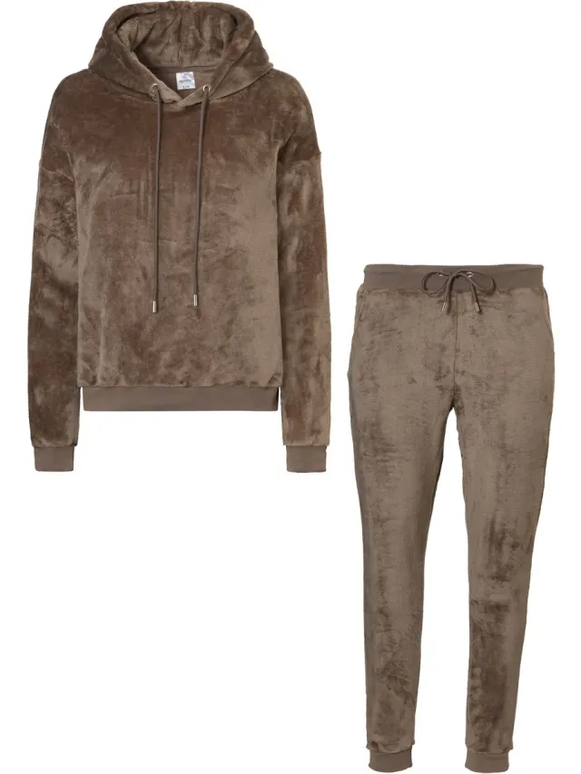 By Louise Apollo Dames Huispak Loungewear Fleece Incl Capuchon Donkerbruin