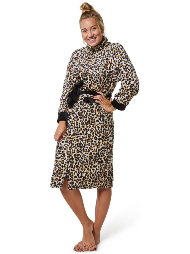 Badrock Rits badjas voor dames - dames badjas - panterprint - fleece - badrock