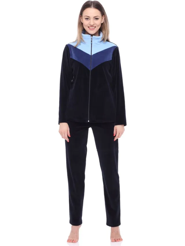 Merry Style Dames Huispak – Vrijetijdspak – Velours – MS-MG-F-SUIT3-n – Marineblauw/Donkerblauw/Lichtblauw – marineblauw/donkerblauw/lichtblauw(1728)