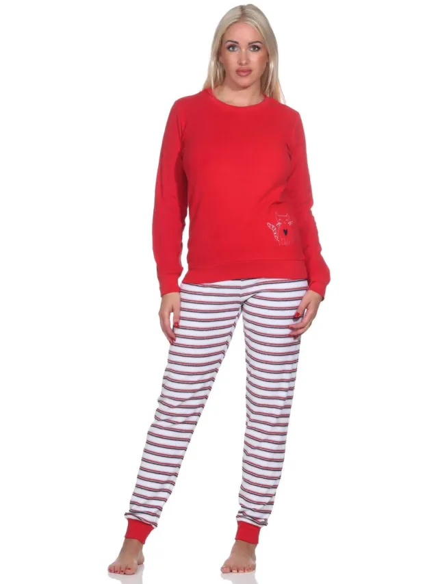 Normann Dames badstof pyjama, broek gestreept, top met schattig dierenmotief - ook in oversize rot1