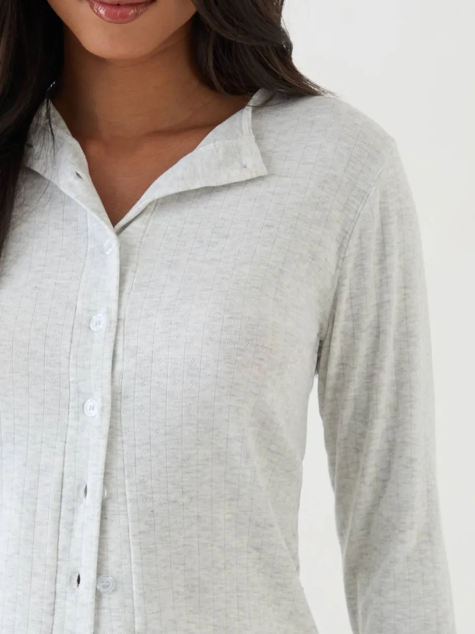 Dames Dsgn Studio Pointelle Top Met Lange Mouwen En Knoopsluiting asgrijs, foto 5
