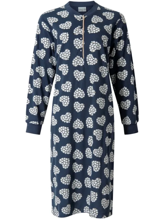 Lunatex dames nachthemd lange mouw - interlock licht geruwd - Hart margriet - marine