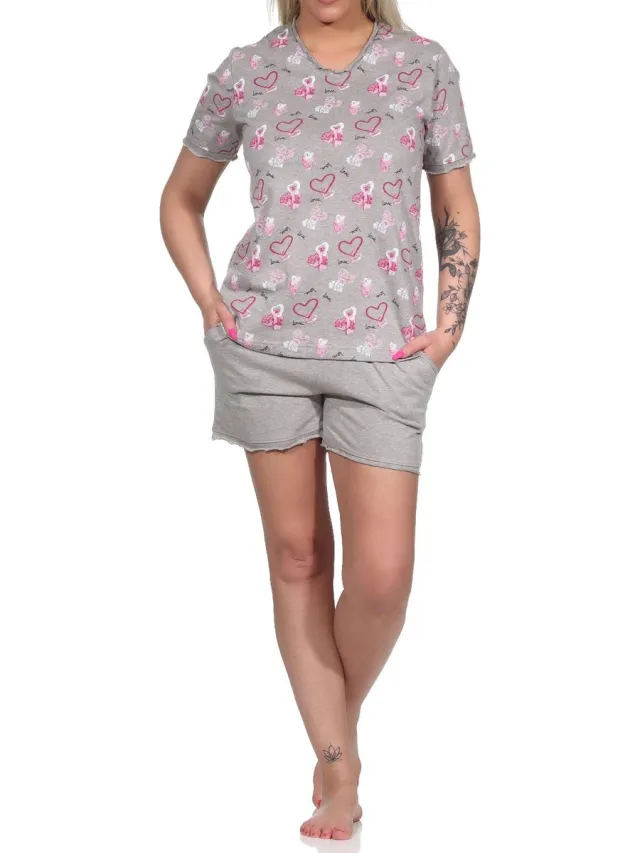 Normann Dames shorty pyjama's met korte mouwen in hartje en allure look - ook in oversized grau-melange