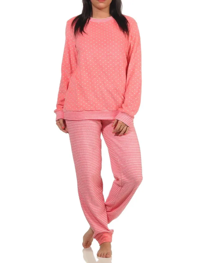 Normann Damesbadstofpyjama met manchetten in hartjesstippen en ringdesign - ook in oversized maten Tupfen Lachs
