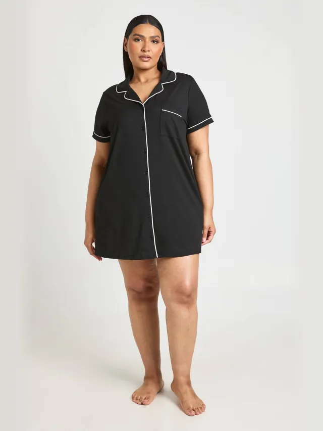 boohoo Dames Nachthemd Met Contrastbiezen En Korte Mouwen Zwart