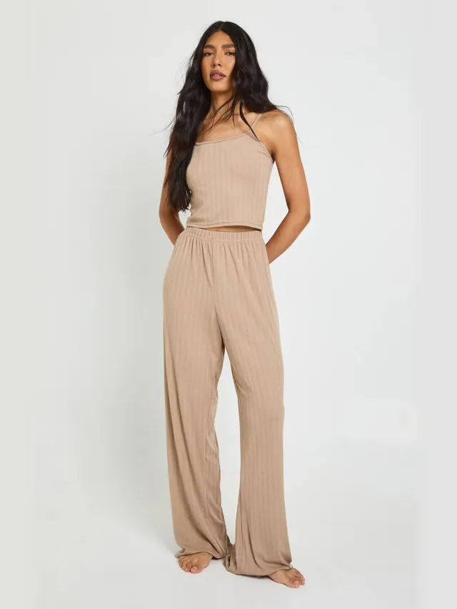 boohoo Dames Tall Pointelle Hemdje En Wijde Pijpen Pyjamaset Mokka