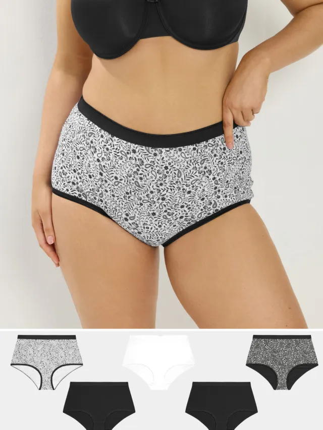 Yours 5 Pack Zwarte Slips Met Volledige Dekking En Paisleyprint-52 Black