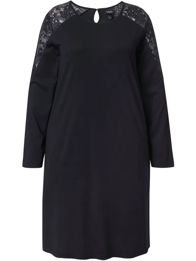 Ulla Popken Dames - Nachthemd kant ronde hals lange mouwen modalmix - Zwart - Maat 54+