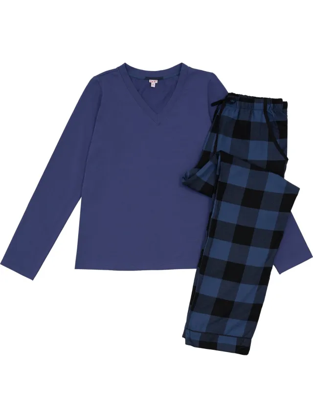 La V La-V pyjamaset voor dames met geruite flanel broek en V hals top - Jeans blauw Jean blauw